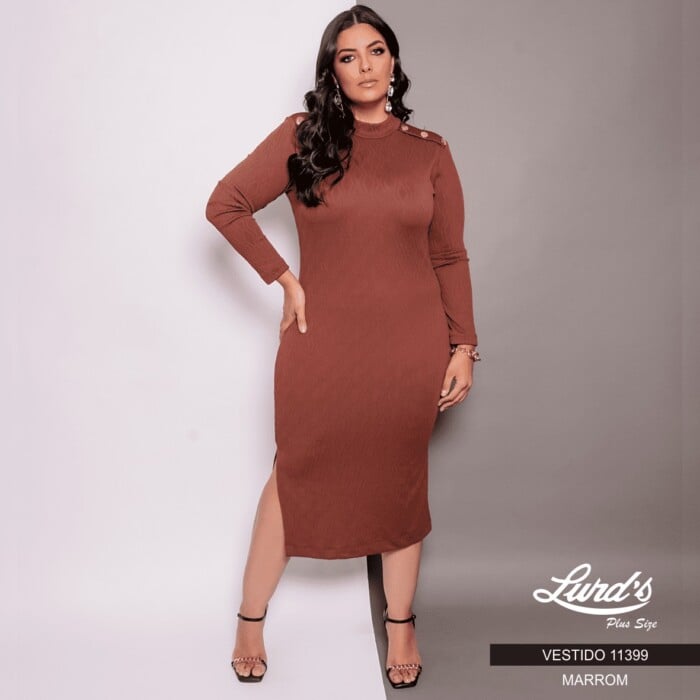 Vestido Mid Plus Size Manga Longa Marrom - 52