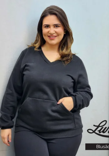 Blusão Moletom Feminino Plus Size Preto - 52