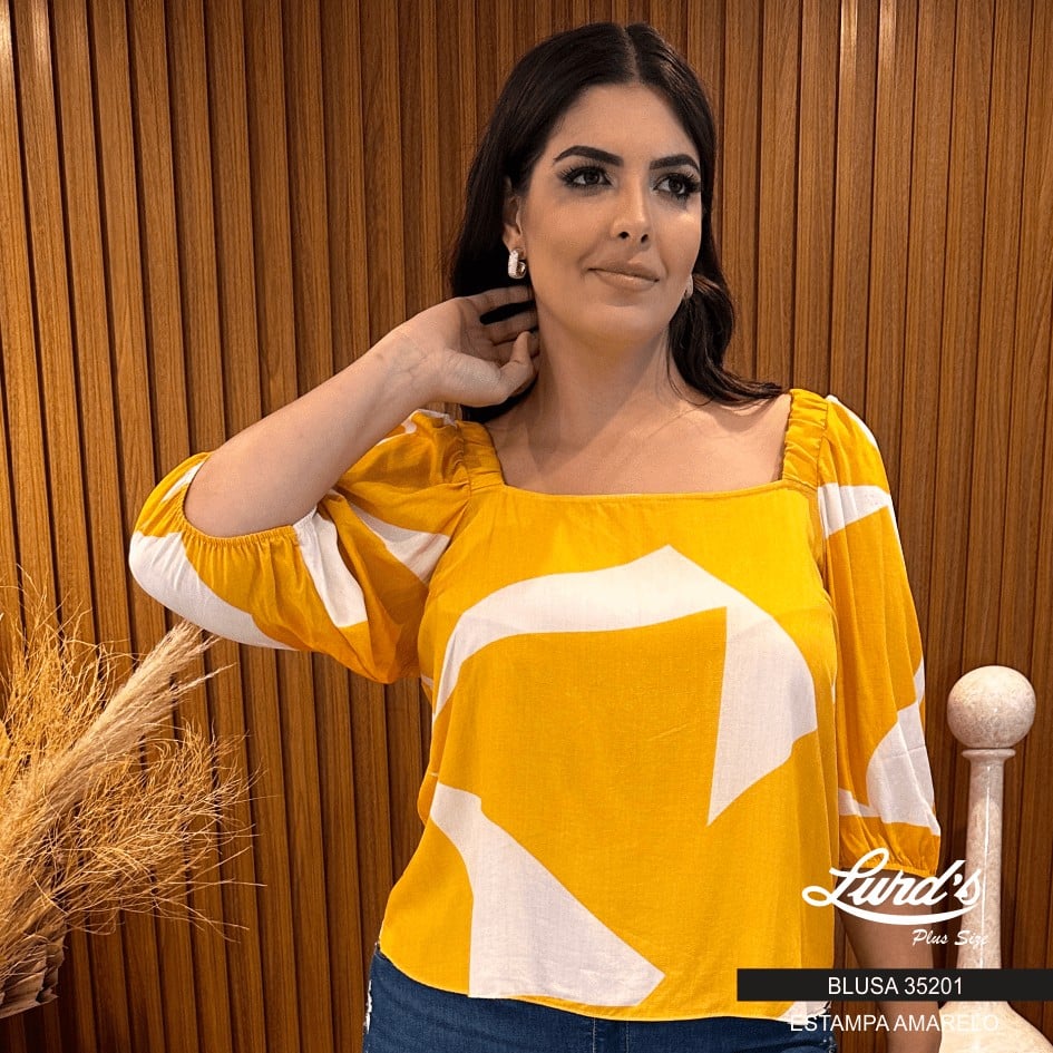 Blusa Feminina Plus Size Manga Curta Ref 35201 Amarelo - 46