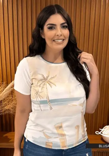 Blusa Feminina Plus Size Manga Curta Ref 35218 Bege - 50