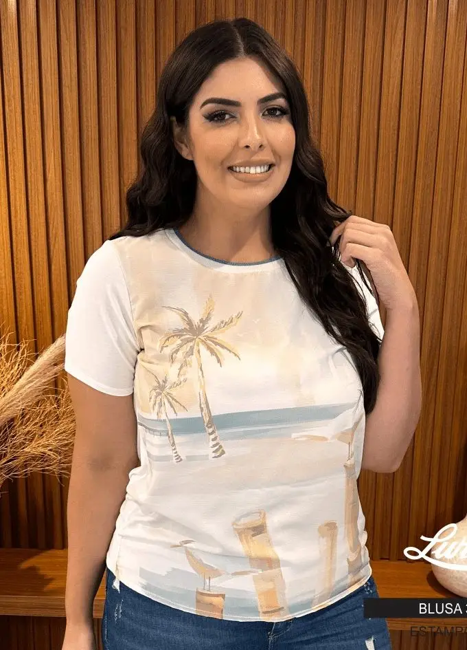 Blusa Feminina Plus Size Manga Curta Ref 35218 Bege - 46