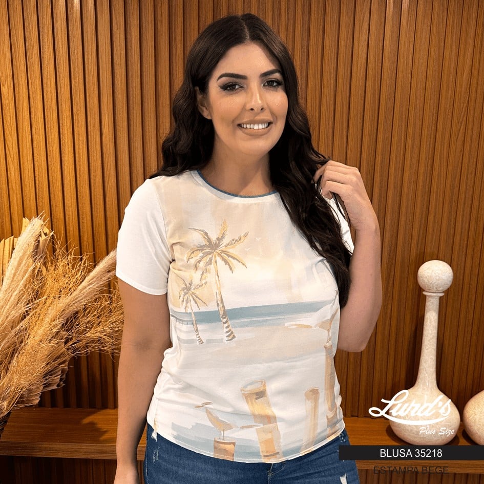 Blusa Feminina Plus Size Manga Curta Ref 35218 Bege - 48