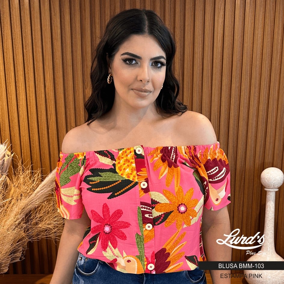 Blusa Feminina Plus Size Manga Curta Ref BMM-103 Marrie Pink - 60
