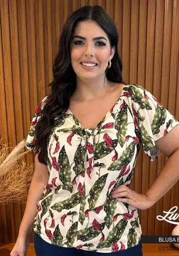 Blusa Feminina Plus Size Manga Curta Ref BMM-110 Areia Marrie - 60