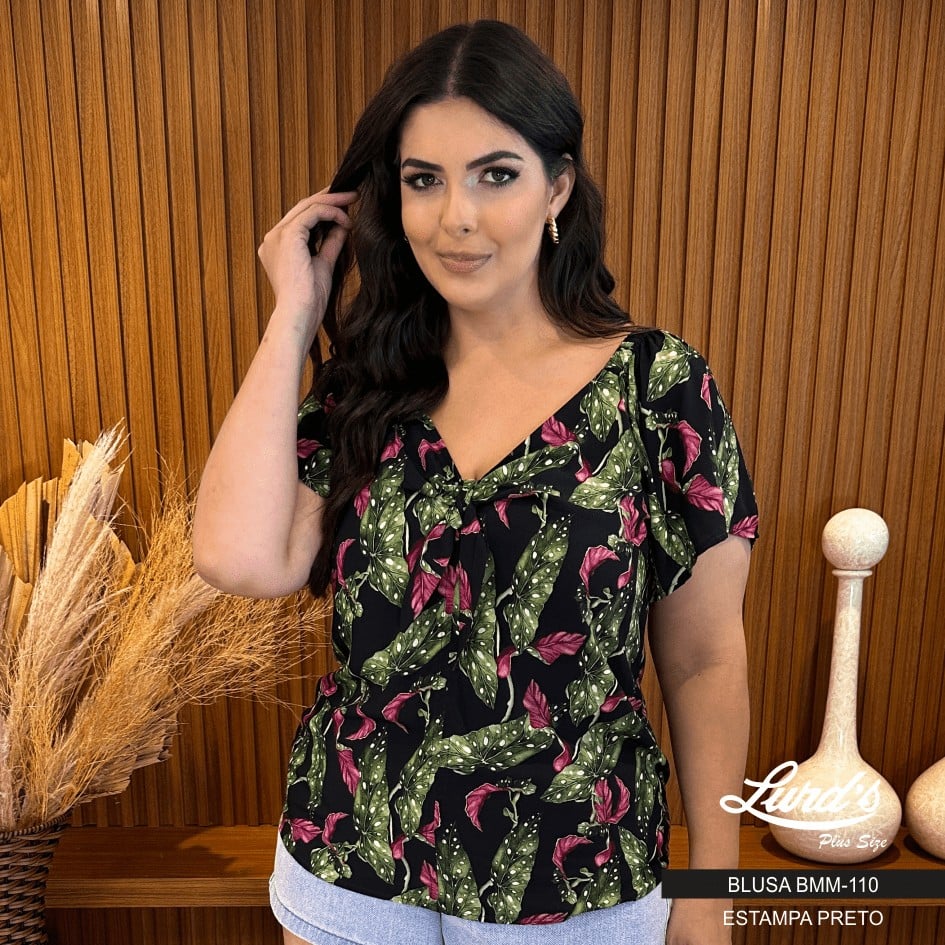Blusa Feminina Plus Size Manga Curta Ref BMM-110 Preto - 58