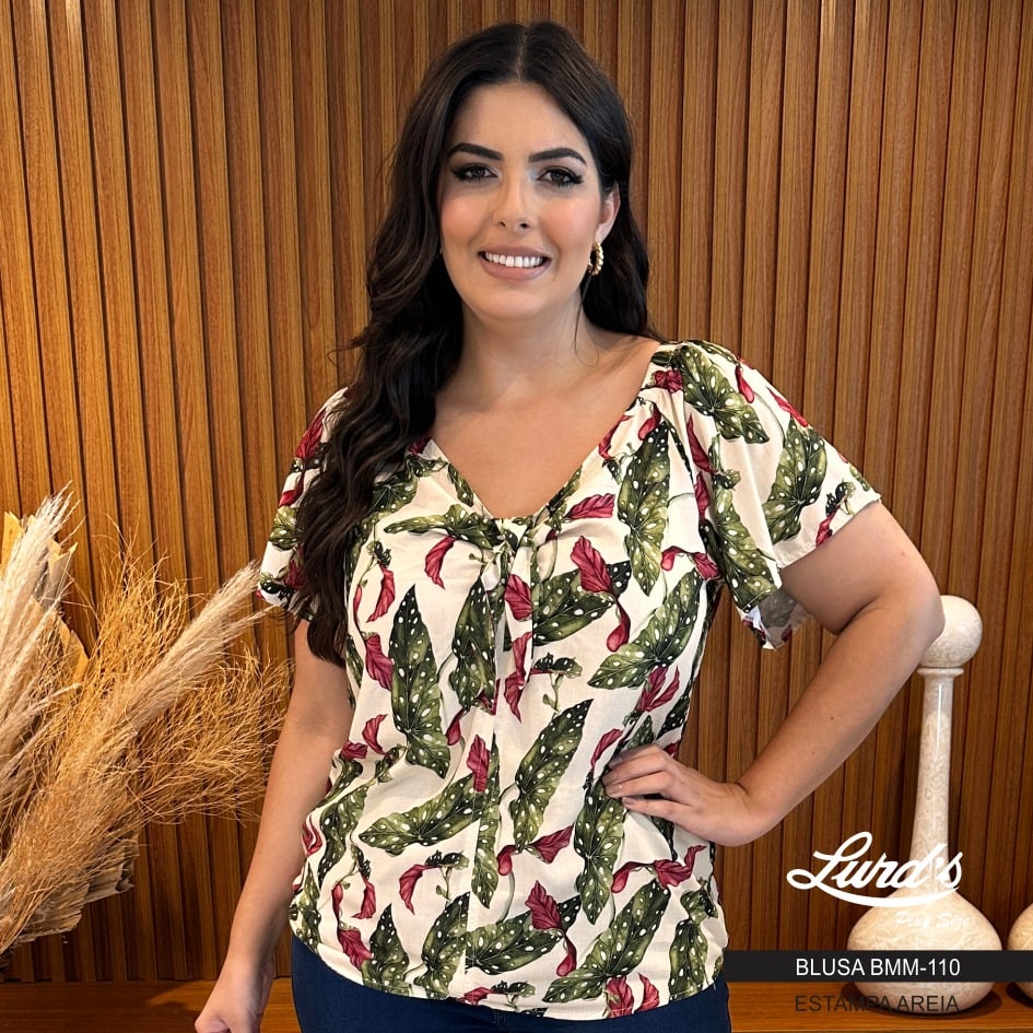 Blusa Feminina Plus Size Manga Curta Ref BMM-110 Areia Marrie - 58