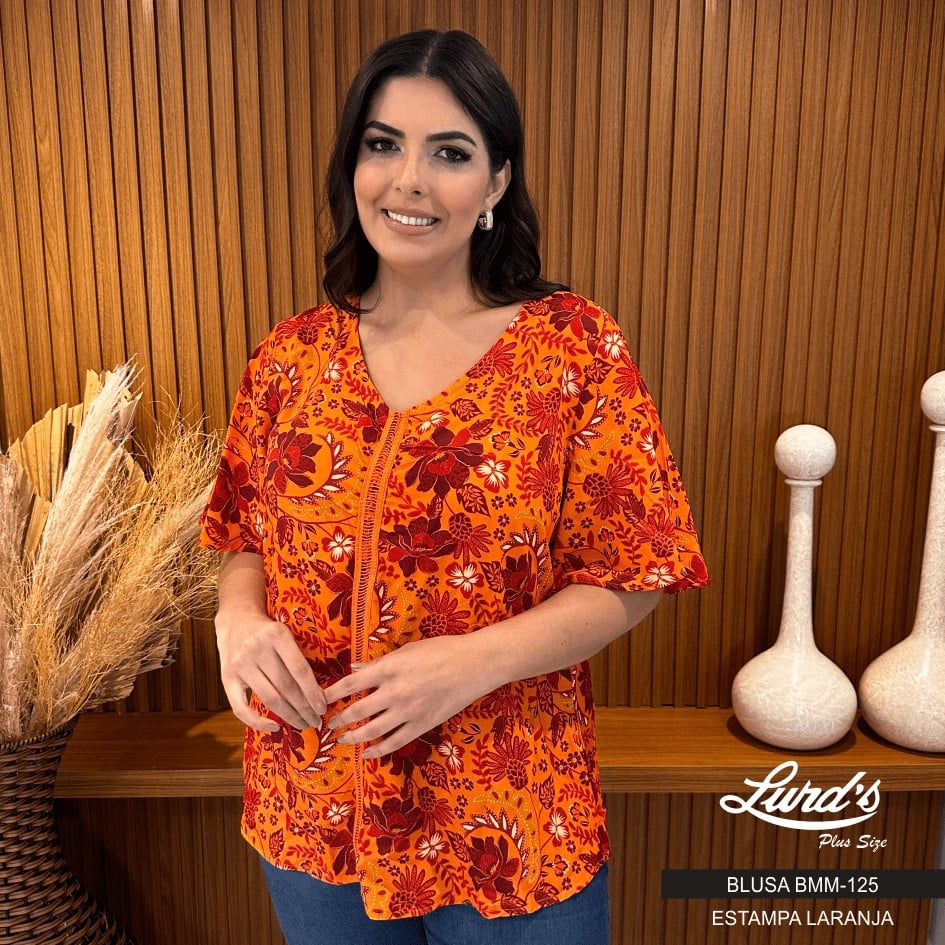 Blusa Feminina Plus Size Manga Curta Ref BMM-125 Laranja Marrie "Helena" - 48