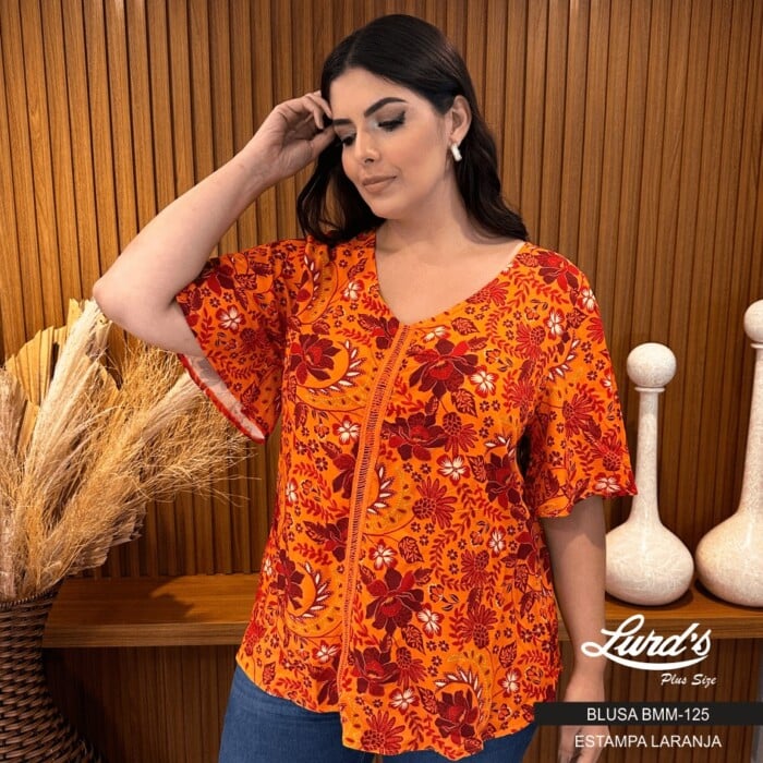 Blusa Feminina Plus Size Manga Curta Ref BMM-125 Laranja Marrie "Helena" - 58