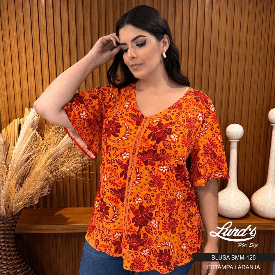 Blusa Feminina Plus Size Manga Curta Ref BMM-125 Laranja Marrie "Helena" - 46
