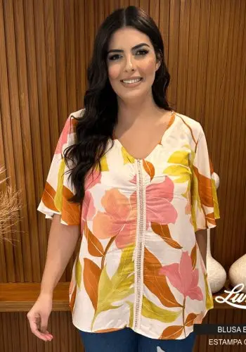 Blusa Feminina Plus Size Manga Curta Ref BMM-125 Off White 