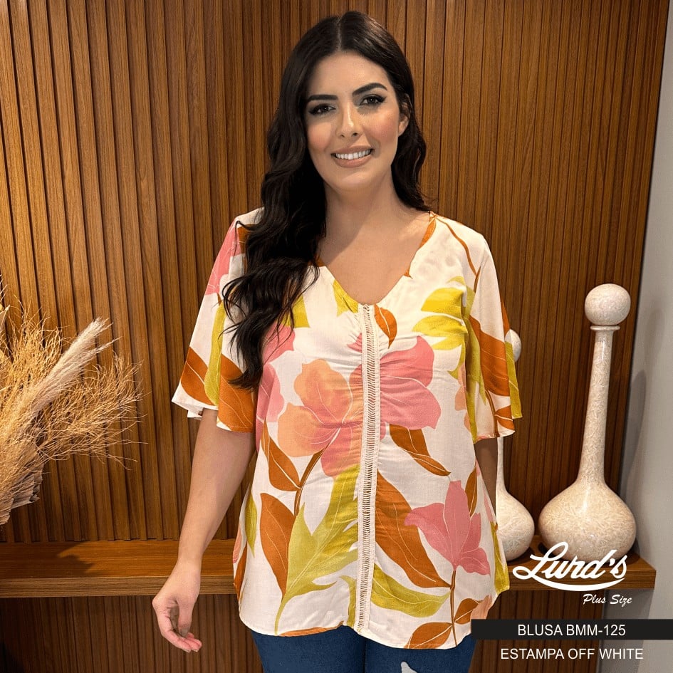 Blusa Feminina Plus Size Manga Curta Ref BMM-125 Off White "Helena" - 46