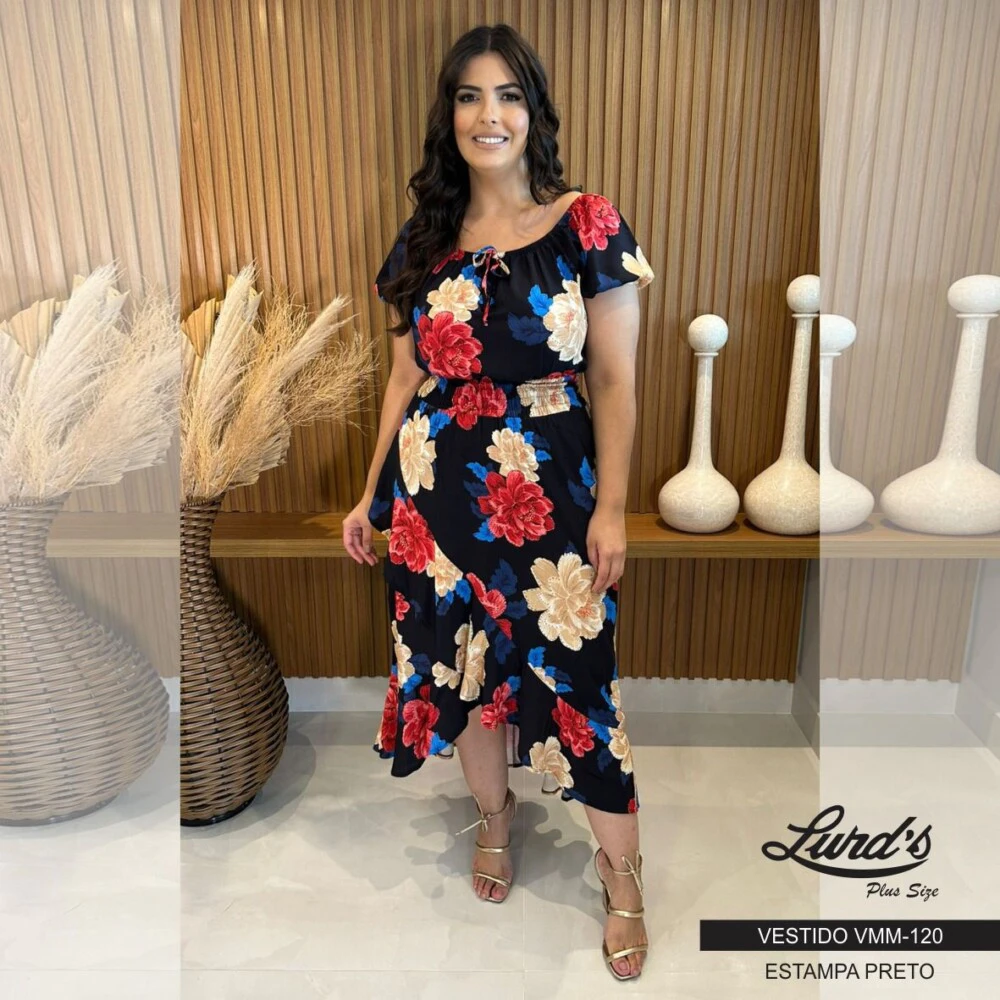 Vestido Mid Plus Size Manga Curta Ref VMM-120 Estampa Preto Marrie - 46