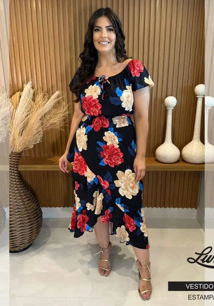 Vestido Mid Plus Size Manga Curta Ref VMM-120 Estampa Preto Marrie - 58
