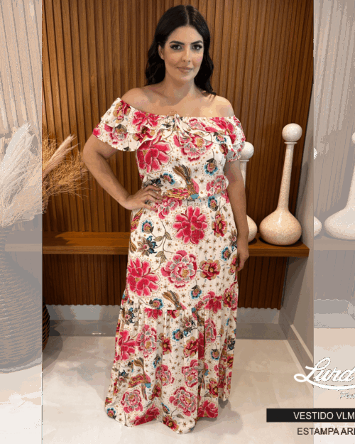 Vestido Longo Plus Size Manga Curta Ref VLM-126 Estampa Areia - 46