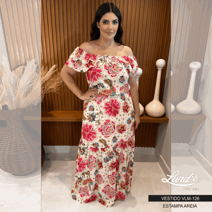 Vestido Longo Plus Size Manga Curta Ref VLM-126 Estampa Areia - 46