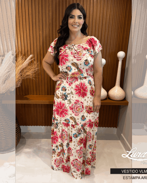Vestido Longo Plus Size Manga Curta Ref VLM-126 Estampa Areia - 52
