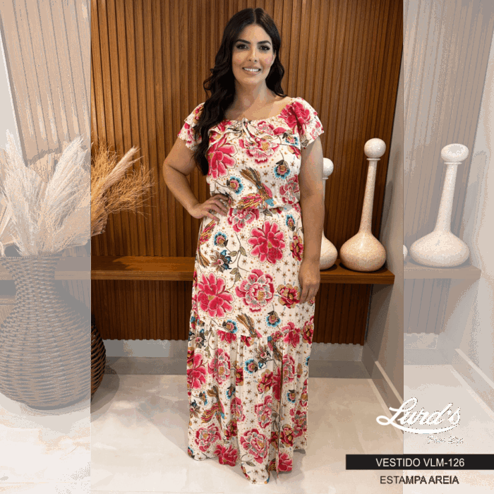 Vestido Longo Plus Size Manga Curta Ref VLM-126 Estampa Areia - 50