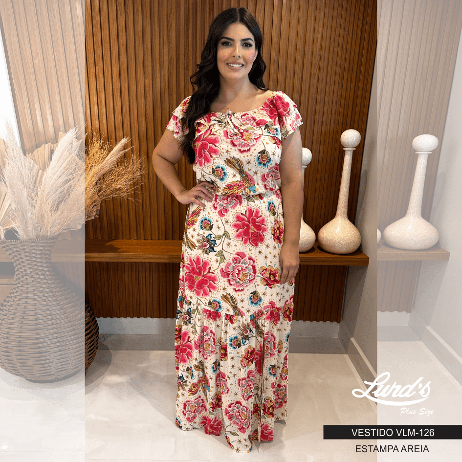 Vestido Longo Plus Size Manga Curta Ref VLM-126 Estampa Areia - 50