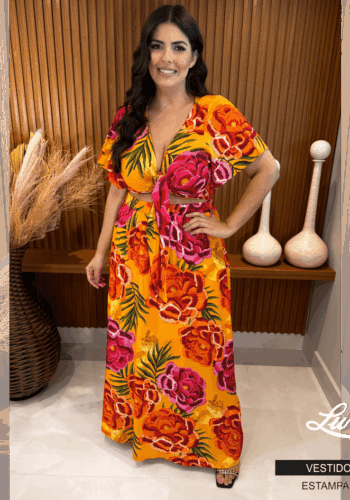Vestido Longo Plus Size Manga Curta Estampa Laranja Marrie - 52
