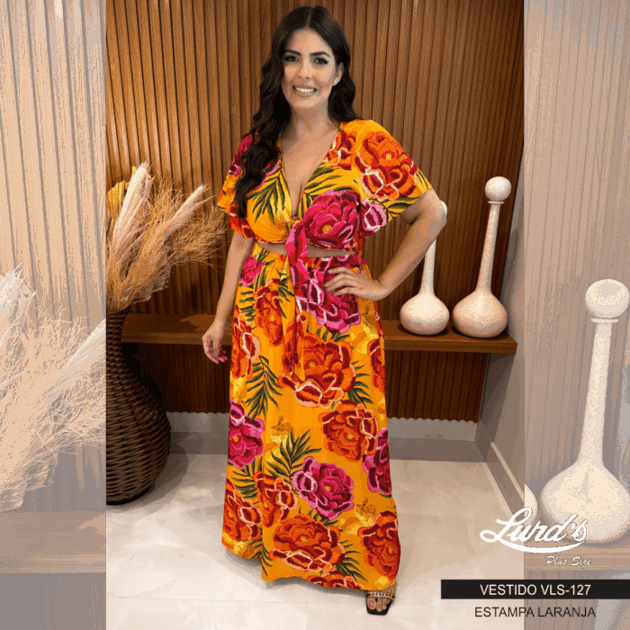 Vestido Longo Plus Size Manga Curta Estampa Laranja Marrie - 50