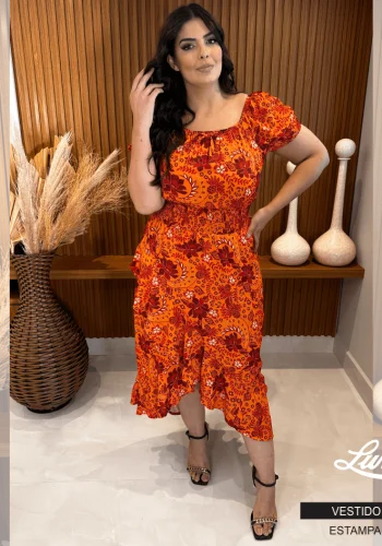 Vestido Mid Plus Size Manga Curta Estampa Laranja Marrie