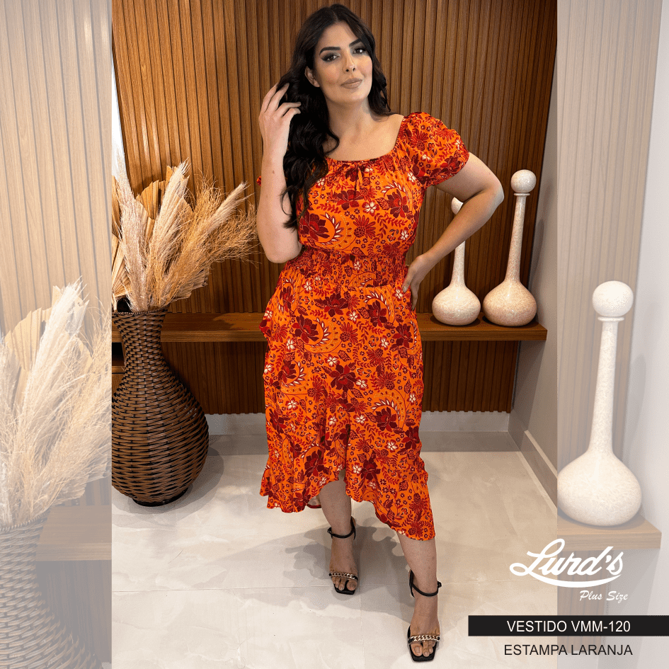 Vestido Mid Plus Size Manga Curta Estampa Laranja Marrie