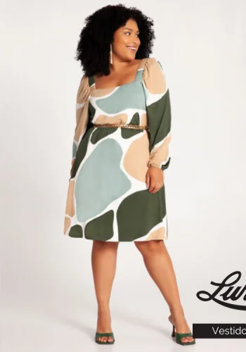 Vestido Plus Size Manga Longa Estampa Verde