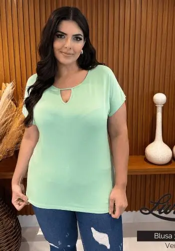 Blusa Feminina Plus Size Manga Curta Ref 35246 Verde - 52