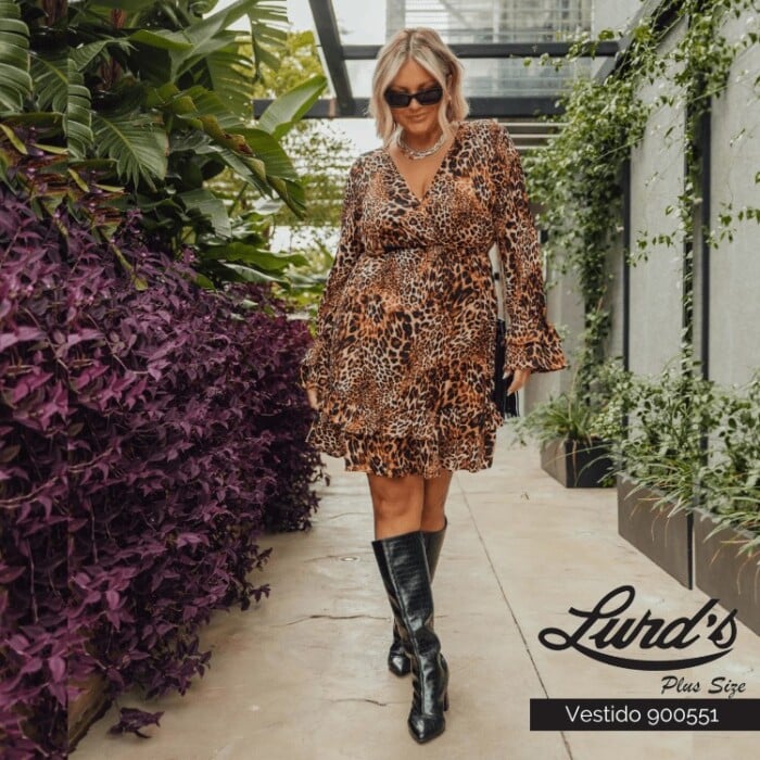 Vestido Plus Size Manga Longa Oncinha - 48