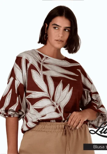 Blusa Feminina Plus Size Manga 3/4 Estampa Marrom Ref 106219 - 46