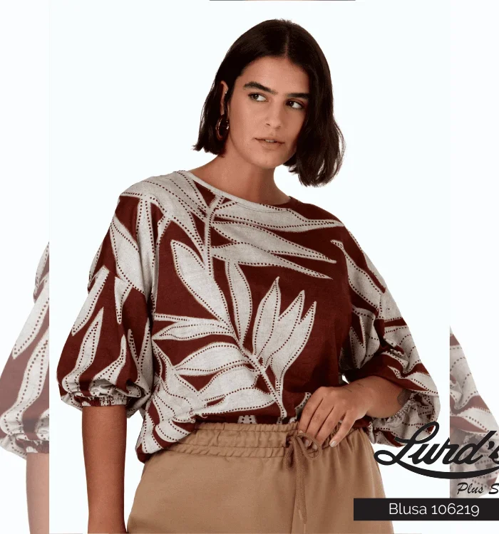 Blusa Feminina Plus Size Manga 3/4 Estampa Marrom Ref 106219 - 46