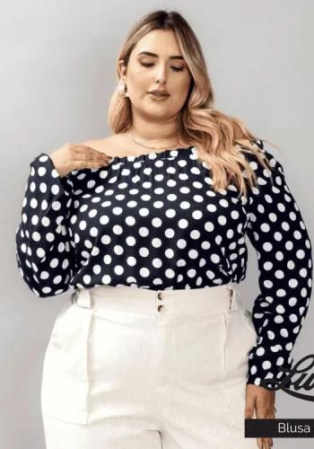 Blusa Plus Size Manga Longa Poá Marinho Ref 23215 - 48