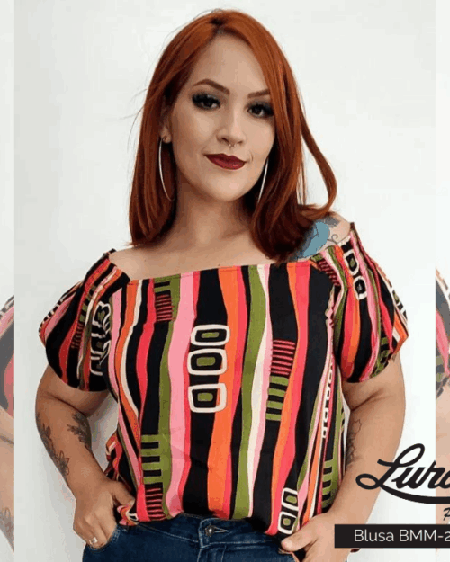 Blusa Feminina Plus Size Manga Curta Estampa Listra Preto Ref BMM-23213 - 46