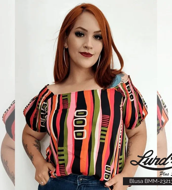 Blusa Feminina Plus Size Manga Curta Estampa Listra Preto Ref BMM-23213 - 58