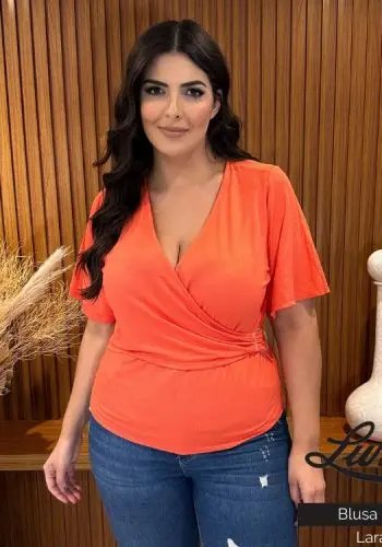 Blusa Feminina Plus Size Manga Curta Ref 35213 Laranja