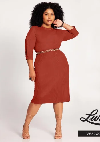 Vestido Mid Plus Size Manga 3/4 Ferrugem