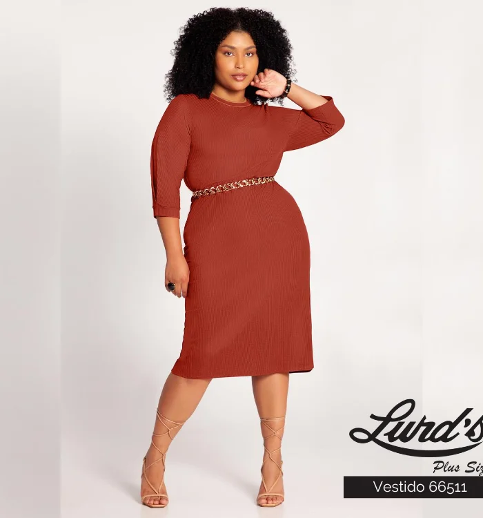 Vestido Mid Plus Size Manga 3/4 Ferrugem - 52