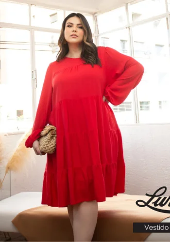 Vestido Plus Size Manga Longa Vermelho