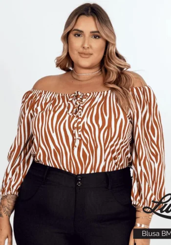 Blusa Feminina Plus Size Manga 3/4 Estampa Marrom Ref BMM-22113 - 58