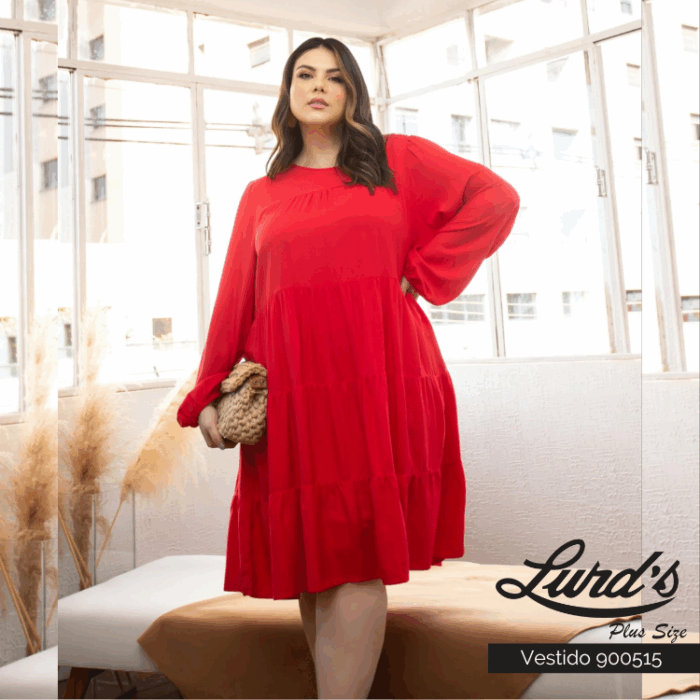 Vestido Plus Size Manga Longa Vermelho - 52