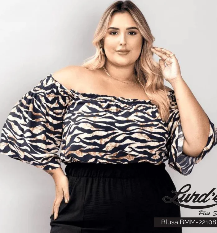 Blusa Feminina Plus Size Manga Curta Estampa Tigre Preto Ref BMM-22108 - 50