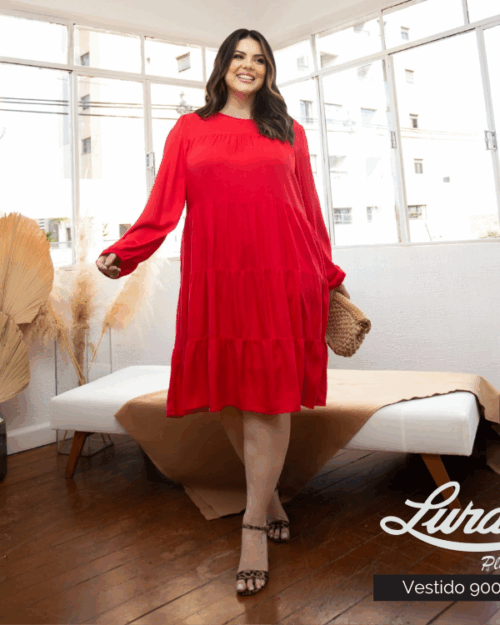 Alternative view of Vestido Plus Size Manga Longa Vermelho