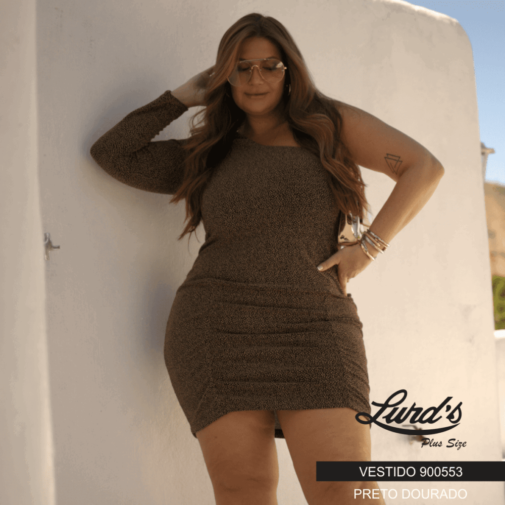 Vestido Plus Size Manga Longa Preto Dourado - 48