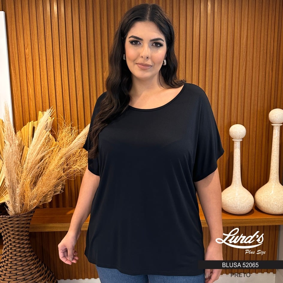 Blusa Feminina Plus Size Manga Curta Ref 52065 Preto - 46
