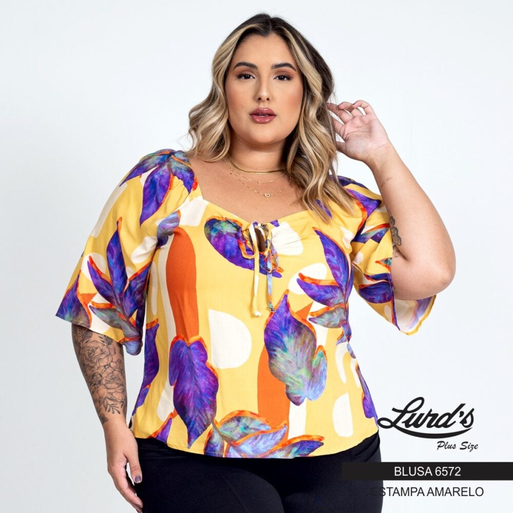 Blusa Feminina Plus Size Manga Curta Ref 6572 Estampa Amarelo - 56