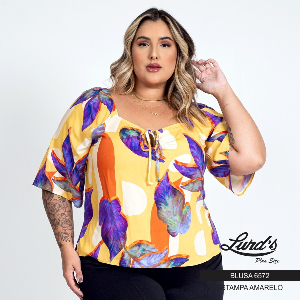 Blusa Feminina Plus Size Manga Curta Ref 6572 Estampa Amarelo - 48