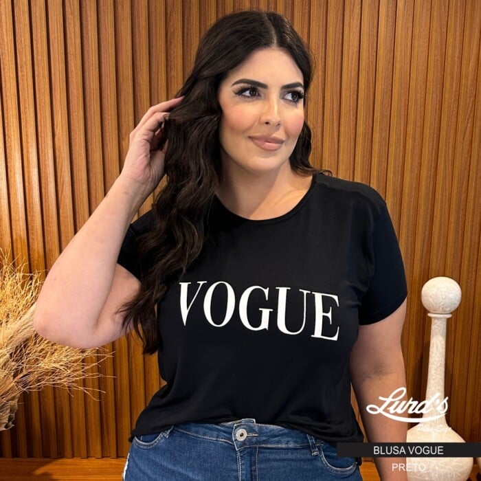 Blusa T-shirt Feminina Plus Size Manga Curta Ref Vogue Preto "Leticia" - 52