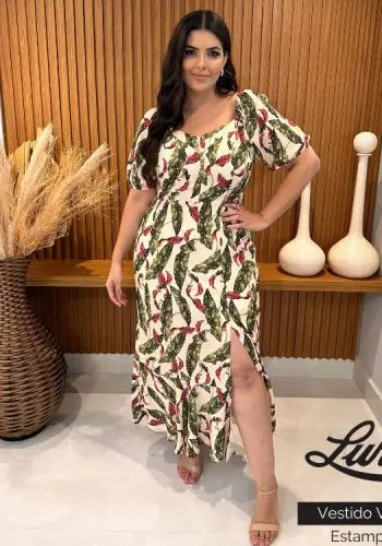 Vestido Mid Plus Size Manga Curta Estampa Areia - 56