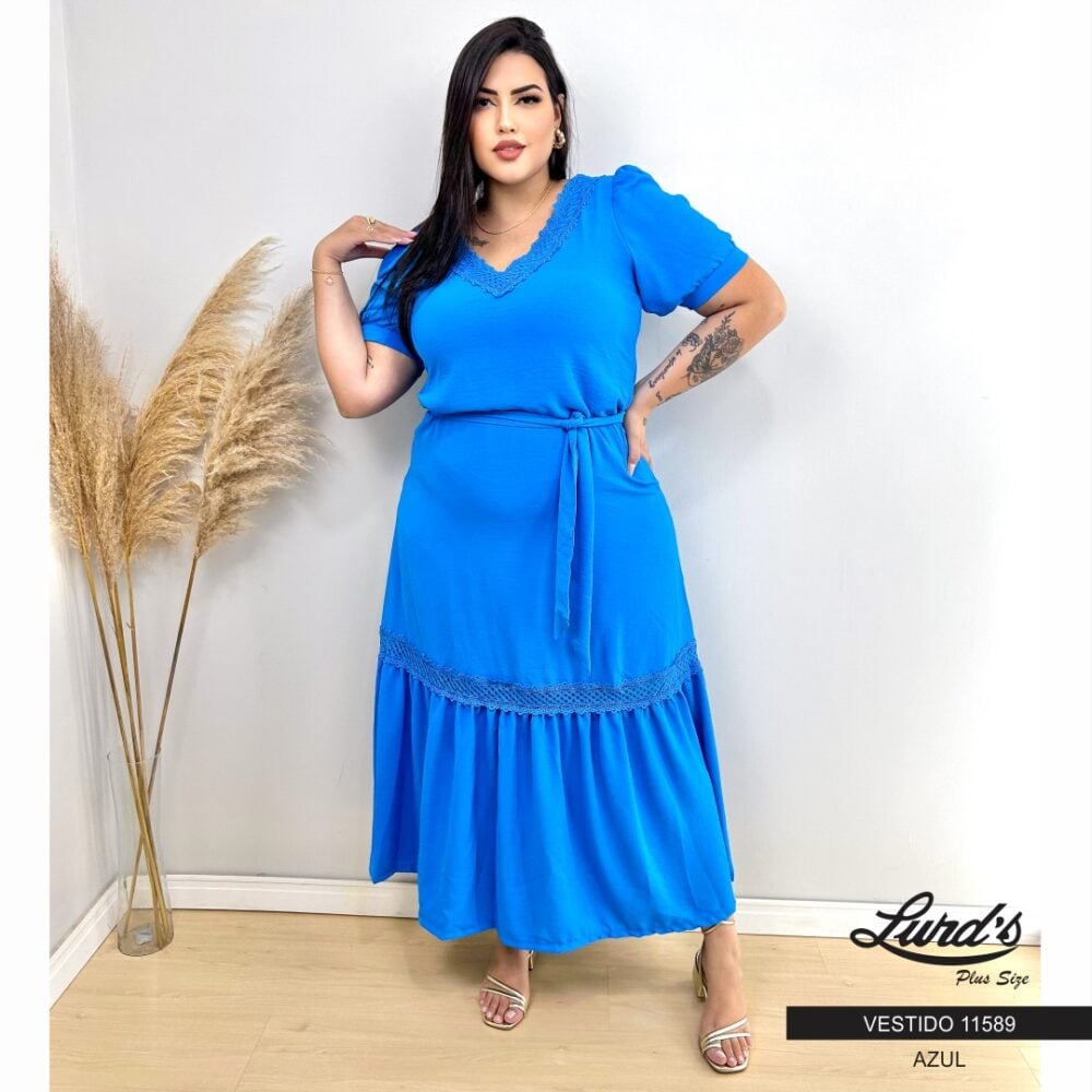 Vestido Longo Plus Size Manga Curta Ref 11589 Azul  - 50