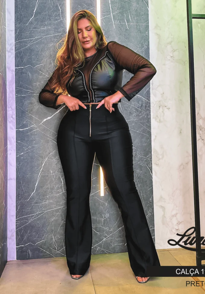 Calça Feminina Plus Size Flare Prada Ref 11807 Preto - 48